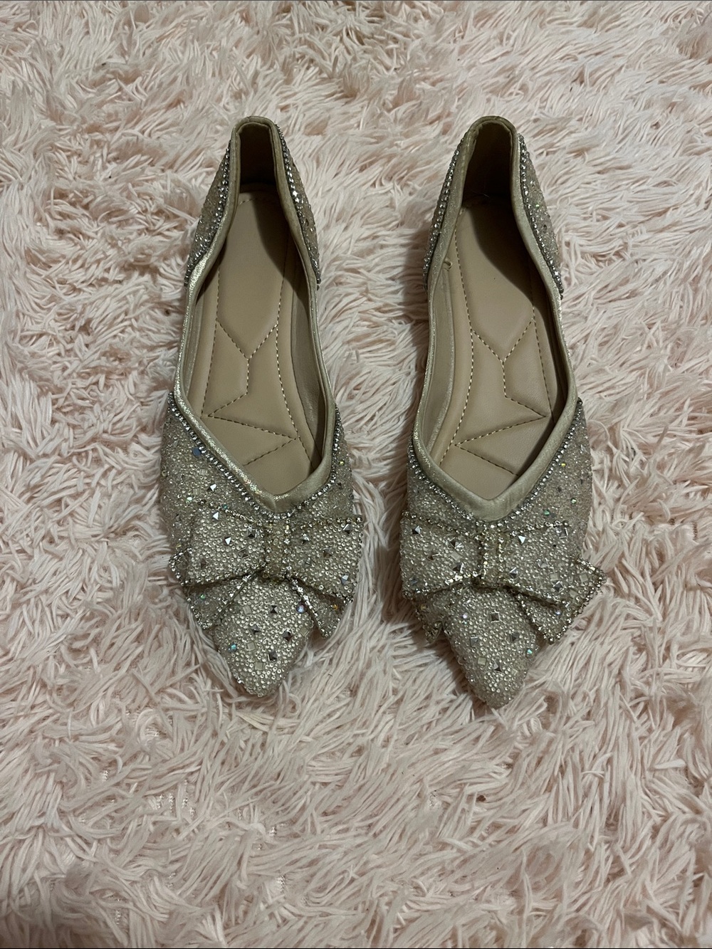 Crystal Bow Pointed Flats in Champagne